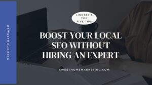 person in front of computer with the text "boost your local seo without hiring an expert"